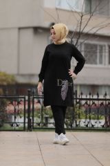 Kadın Siyah Tesettür Büyük Beden Taş Baskı Sweatshirt