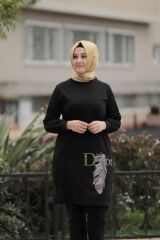 Kadın Siyah Tesettür Büyük Beden Taş Baskı Sweatshirt