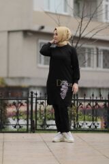 Kadın Siyah Tesettür Büyük Beden Taş Baskı Sweatshirt