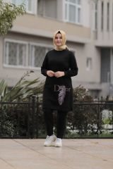 Kadın Siyah Tesettür Büyük Beden Taş Baskı Sweatshirt