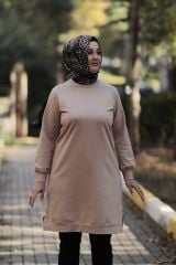 Kadın Kahverengi Tesettür Büyük Beden Pamuklu Sweatshirt