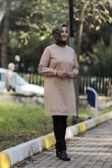 Kadın Kahverengi Tesettür Büyük Beden Pamuklu Sweatshirt