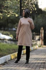 Kadın Kahverengi Tesettür Büyük Beden Pamuklu Sweatshirt