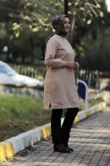 Kadın Kahverengi Tesettür Büyük Beden Pamuklu Sweatshirt
