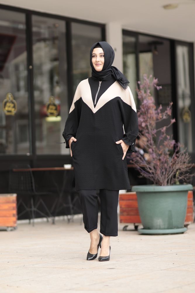 Kadın Siyah Krep Fermuarlı Tunik