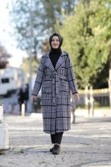 Kaz Ayağı Desen Belden Bağlamalı Düğmeli Kaban Kap