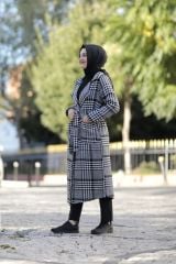 Kaz Ayağı Desen Belden Bağlamalı Düğmeli Kaban Kap