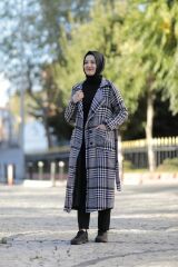 Kaz Ayağı Desen Belden Bağlamalı Düğmeli Kaban Kap