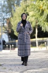 Kaz Ayağı Desen Belden Bağlamalı Düğmeli Kaban Kap