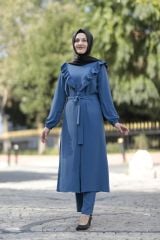 Fırfır Detay Belden Bağlamalı Tunik Pantolon Takım
