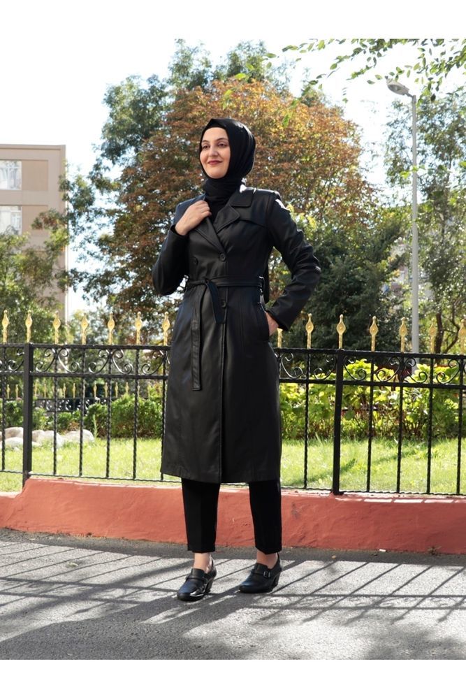 Düğme Detay Belden Bağlamalı Astarlı Deri Kap Kaban