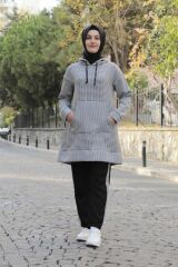 Kapüşonlu Kaz Ayağı Desen Tunik Pantolon Takım