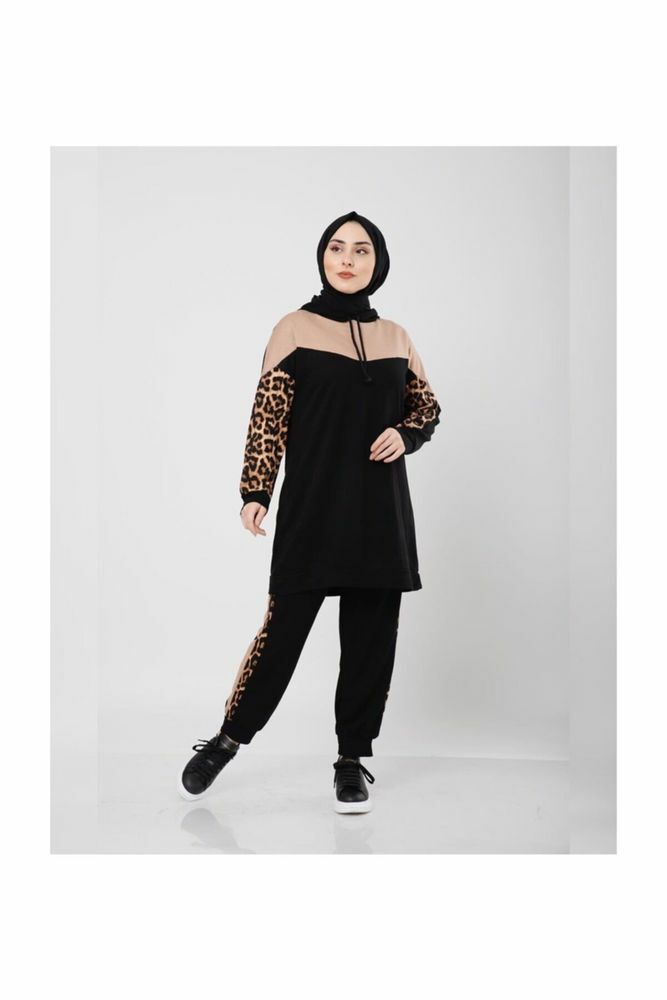 Leopar Desen Ikili Eşofman Takım SİYAH - L
