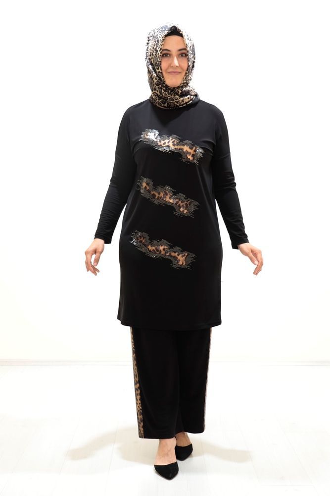 Büyük Beden Leopar Desen Tunik Pantolon Takım