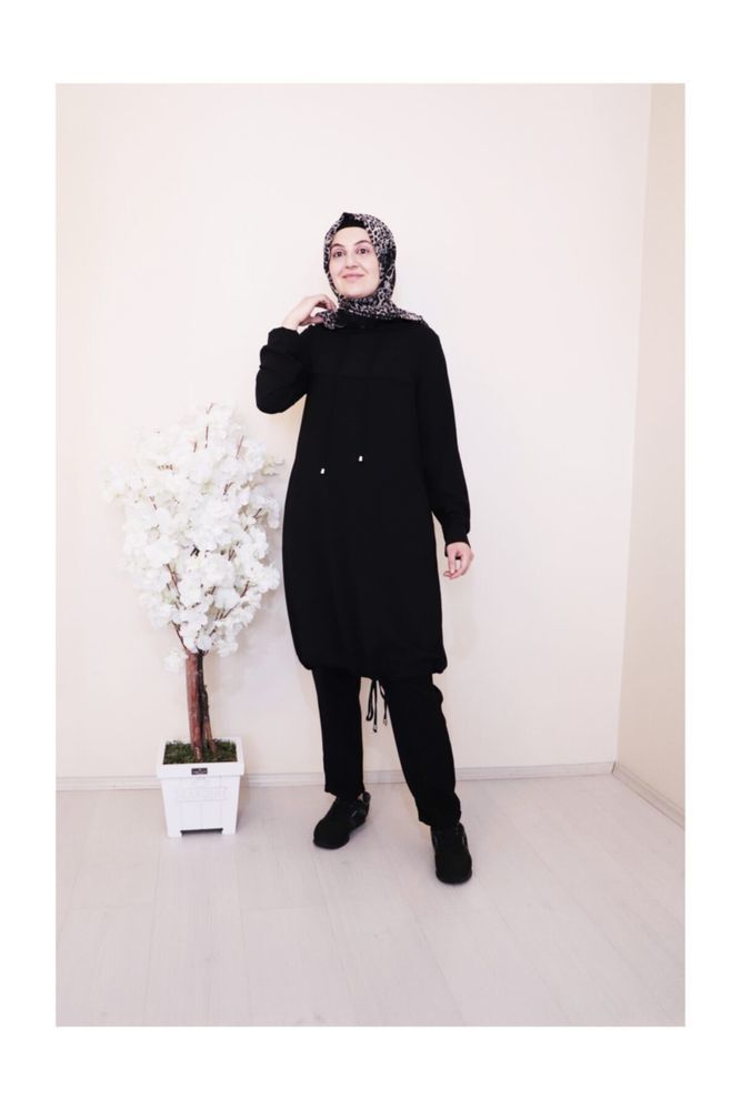 Kadın Siyah Ayrobin Kumaş Sweat Tunik