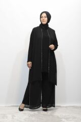 BÜYÜK BEDEN TAŞLI ASTARLI ŞİFON TUNİK PANTOLON İKİLİ ABİYE TAKIM SİYAH - 50