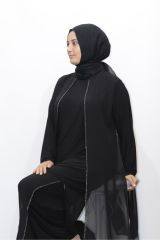 BÜYÜK BEDEN TAŞLI ASTARLI ŞİFON TUNİK PANTOLON İKİLİ ABİYE TAKIM SİYAH - 50