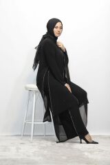 BÜYÜK BEDEN TAŞLI ASTARLI ŞİFON TUNİK PANTOLON İKİLİ ABİYE TAKIM SİYAH - 50