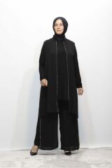 BÜYÜK BEDEN TAŞLI ASTARLI ŞİFON TUNİK PANTOLON İKİLİ ABİYE TAKIM SİYAH - 50