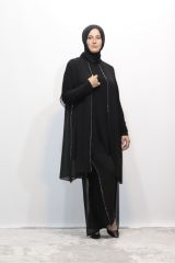 BÜYÜK BEDEN TAŞLI ASTARLI ŞİFON TUNİK PANTOLON İKİLİ ABİYE TAKIM SİYAH - 50