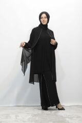 BÜYÜK BEDEN TAŞLI ASTARLI ŞİFON TUNİK PANTOLON İKİLİ ABİYE TAKIM SİYAH - 50