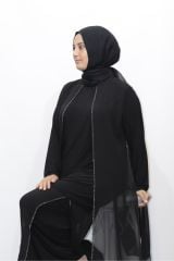 BÜYÜK BEDEN TAŞLI ASTARLI ŞİFON TUNİK PANTOLON İKİLİ ABİYE TAKIM SİYAH - 46