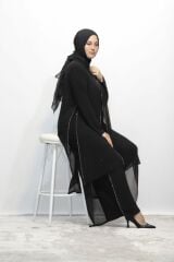 BÜYÜK BEDEN TAŞLI ASTARLI ŞİFON TUNİK PANTOLON İKİLİ ABİYE TAKIM SİYAH - 46
