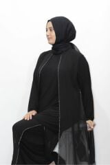 BÜYÜK BEDEN TAŞLI ASTARLI ŞİFON TUNİK PANTOLON İKİLİ ABİYE TAKIM SİYAH - 52