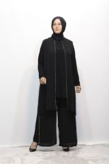 BÜYÜK BEDEN TAŞLI ASTARLI ŞİFON TUNİK PANTOLON İKİLİ ABİYE TAKIM SİYAH - 52