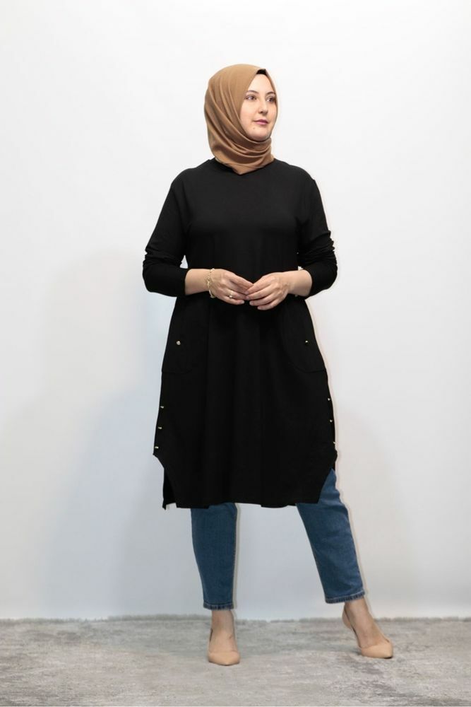 BÜYÜK BEDEN YANI DÜĞMELİ CEP GARNİLİ PENYE TUNİK