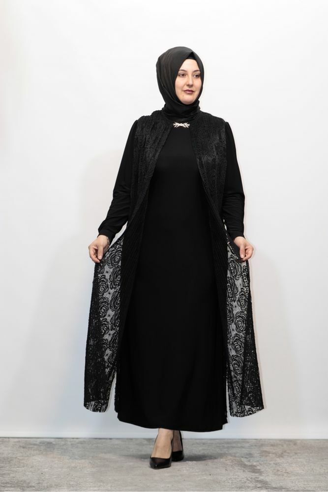 BÜYÜK BEDEN JAKAR DANTELLİ PİLİSELİ AKSESUARLI ABİYE ELBİSE