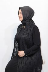 BÜYÜK BEDEN JAKAR DANTELLİ PİLİSELİ AKSESUARLI ABİYE ELBİSE