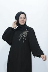 BÜYÜK BEDEN KOL PİLİSE TAŞ DETAY ŞİFON TUNİK PANTOLON İKİLİ ABİYE TAKIM SİYAH - 48