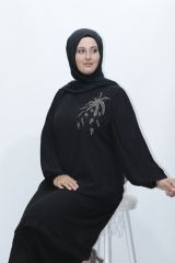 BÜYÜK BEDEN KOL PİLİSE TAŞ DETAY ŞİFON TUNİK PANTOLON İKİLİ ABİYE TAKIM SİYAH - 48
