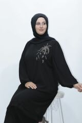 BÜYÜK BEDEN KOL PİLİSE TAŞ DETAY ŞİFON TUNİK PANTOLON İKİLİ ABİYE TAKIM