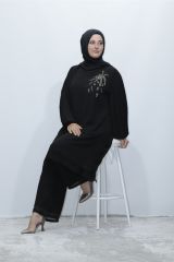 BÜYÜK BEDEN KOL PİLİSE TAŞ DETAY ŞİFON TUNİK PANTOLON İKİLİ ABİYE TAKIM