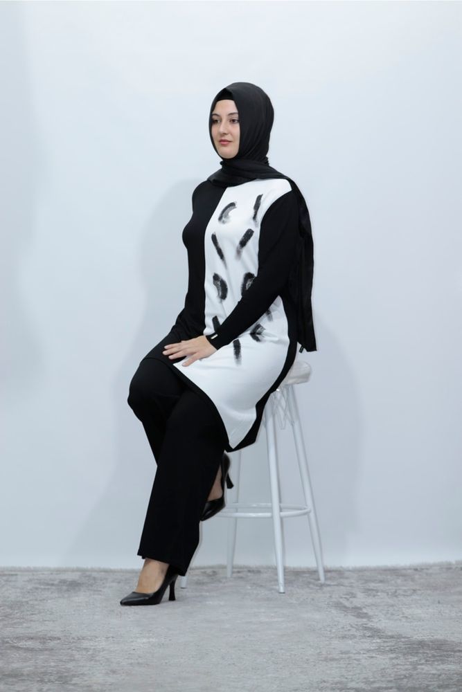 Büyük Beden Merserize Soğuk Rayon Iplik Perfect Triko Sim Baskılı Tunik Pantolon Ikili Takım