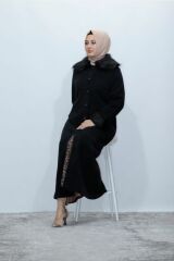 Kürklü Düğmeli Çelik Örme Kaşe Kaban