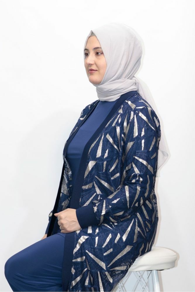 SİMLİ RİBANA CEKETLİ SANDY TUNİK PANTOLON ÜÇLÜ ABİYE TAKIM LACİVERT - 48