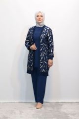 SİMLİ RİBANA CEKETLİ SANDY TUNİK PANTOLON ÜÇLÜ ABİYE TAKIM LACİVERT - 48