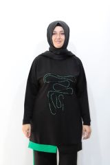 Büyük Beden Inci Işlemeli Iki Iplik Pamuklu Tunik Pantolon Ikili Takım