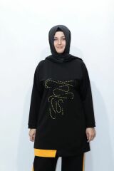 Büyük Beden Inci Işlemeli Iki Iplik Pamuklu Tunik Pantolon Ikili Takım