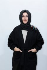 Büyük Beden Pul Aksesuar Safir Kaşe Kemerli Kaban Ceket