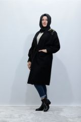 Büyük Beden Pul Aksesuar Safir Kaşe Kemerli Kaban Ceket