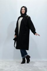 Büyük Beden Pul Aksesuar Safir Kaşe Kemerli Kaban Ceket