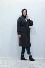Büyük Beden Pul Aksesuar Safir Kaşe Kemerli Kaban Ceket