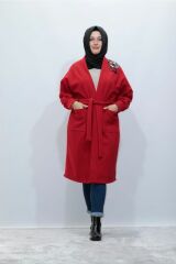 Büyük Beden Pul Aksesuar Safir Kaşe Kemerli Kaban Ceket