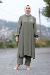 Büyük Beden Taş Detay Düğmeli Tunik Pantolon Ikili Takım