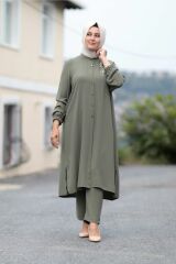 Büyük Beden Taş Detay Düğmeli Tunik Pantolon Ikili Takım