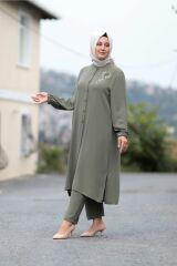 Büyük Beden Taş Detay Düğmeli Tunik Pantolon Ikili Takım